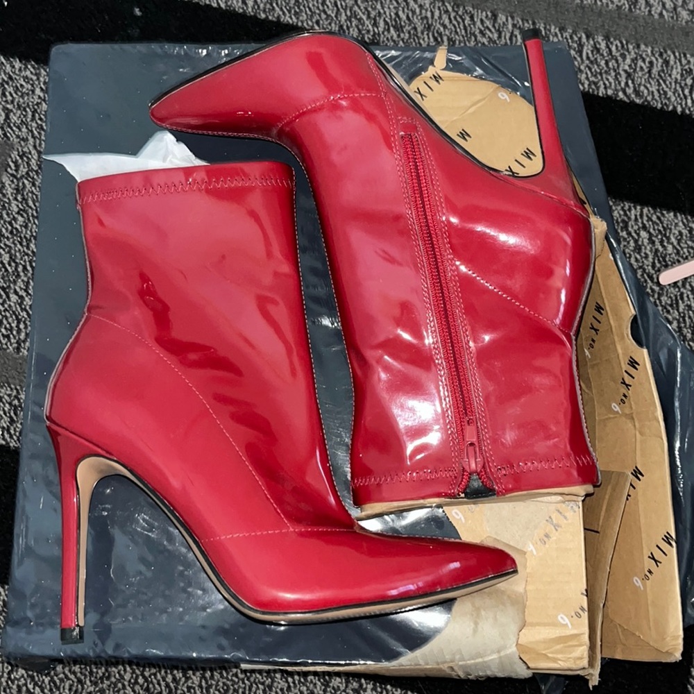 Never worn red stiletto stretch ankle boot
